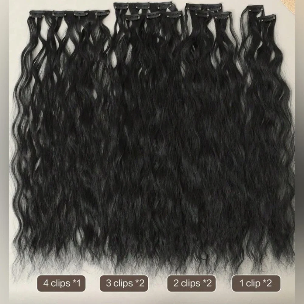 22” Black Curly  Clip-In Hair Extensions Human Hair Blend Full Set with‎ Clips